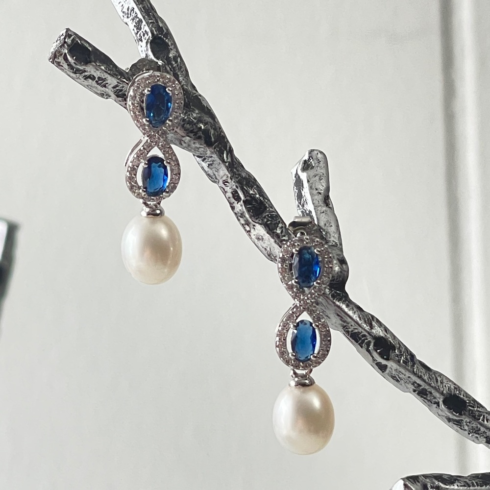 925S Blue Gemstones Stud Earrings With Cultured Freshwater Pearl and Zirconia - Picture 13 of 16